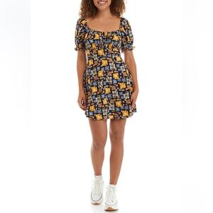 ✨🌼Vintage Look Flower Print Mini Dress Tie Back Cut Out Size M Navy Multicolor